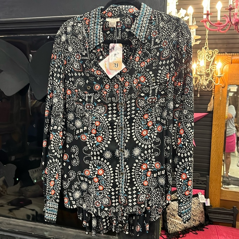 Lola P Vintage Print Button Up Blouse